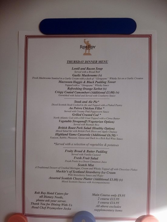 rob roy hotel menu