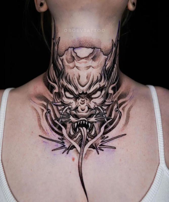 oni mask throat tattoo