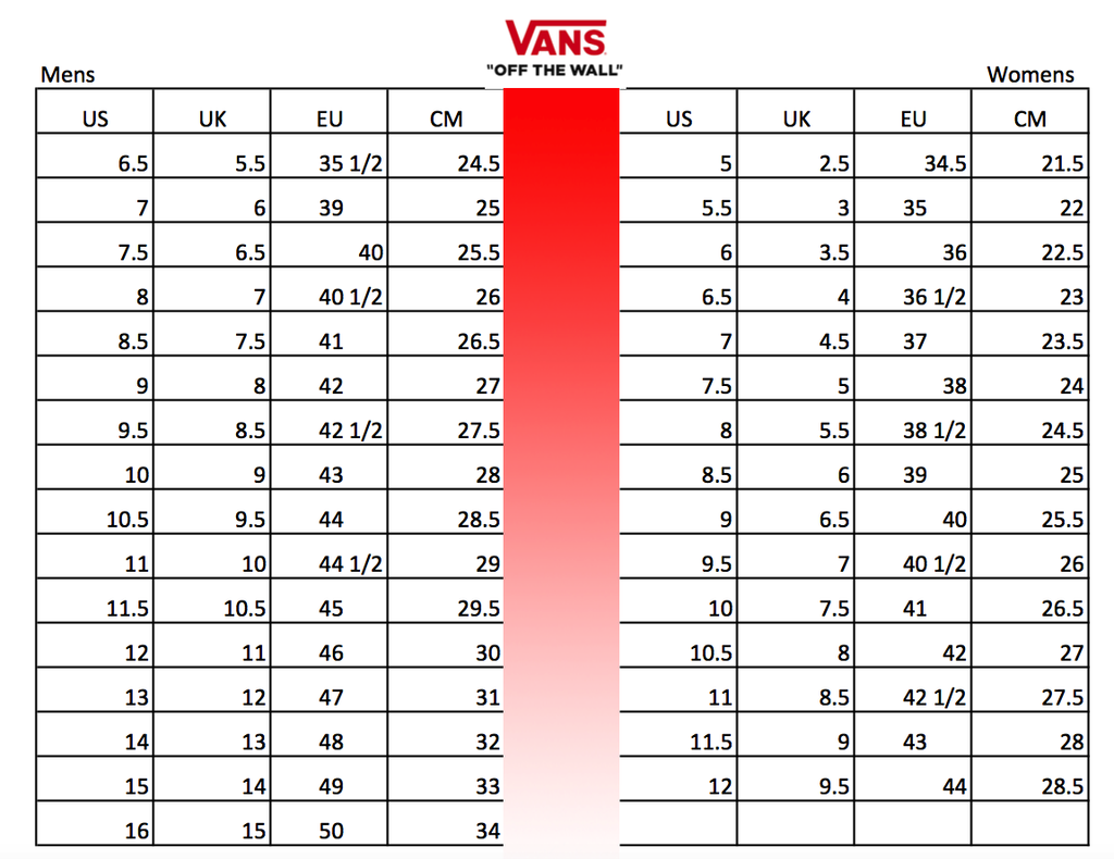 vans sizing chart