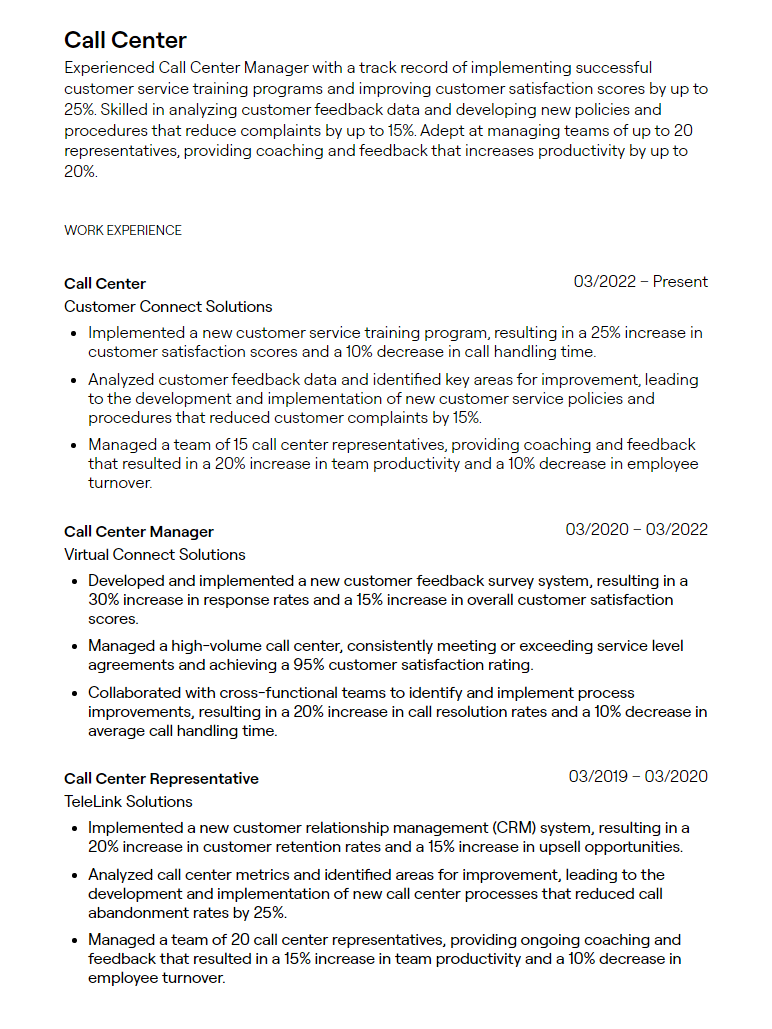 inbound call center job description for resume