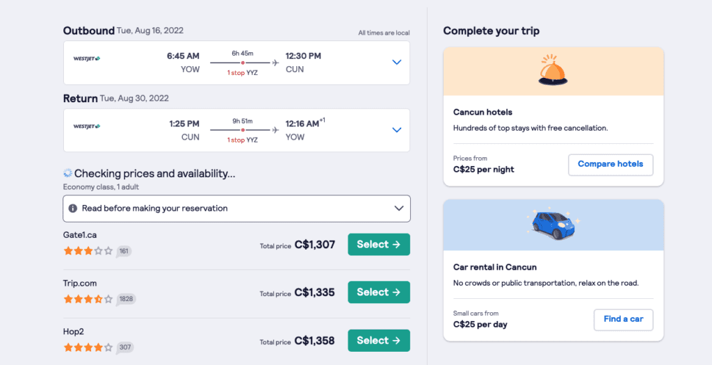 westjet google flights