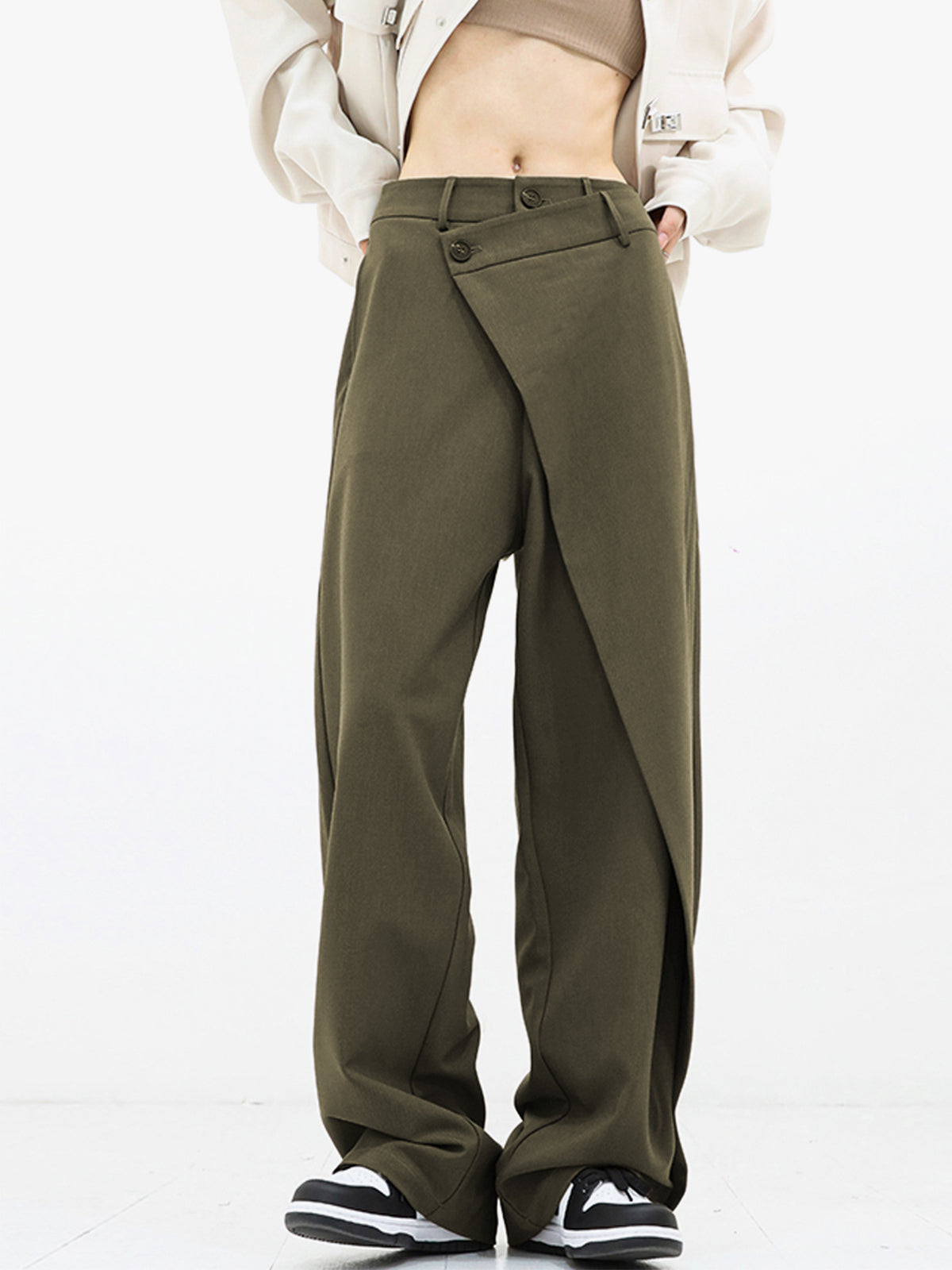 asymmetrical layer button baggy wide leg pants