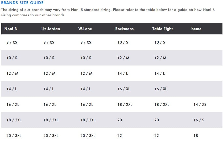 autograph clothing size chart