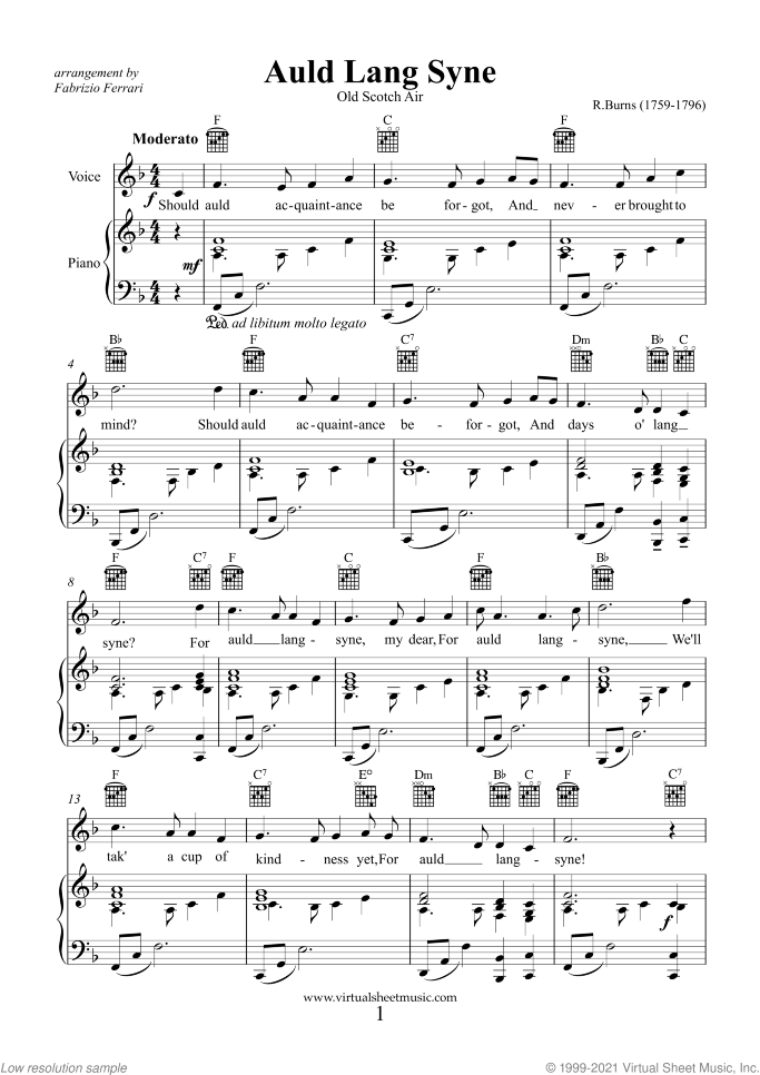 old lang syne sheet music