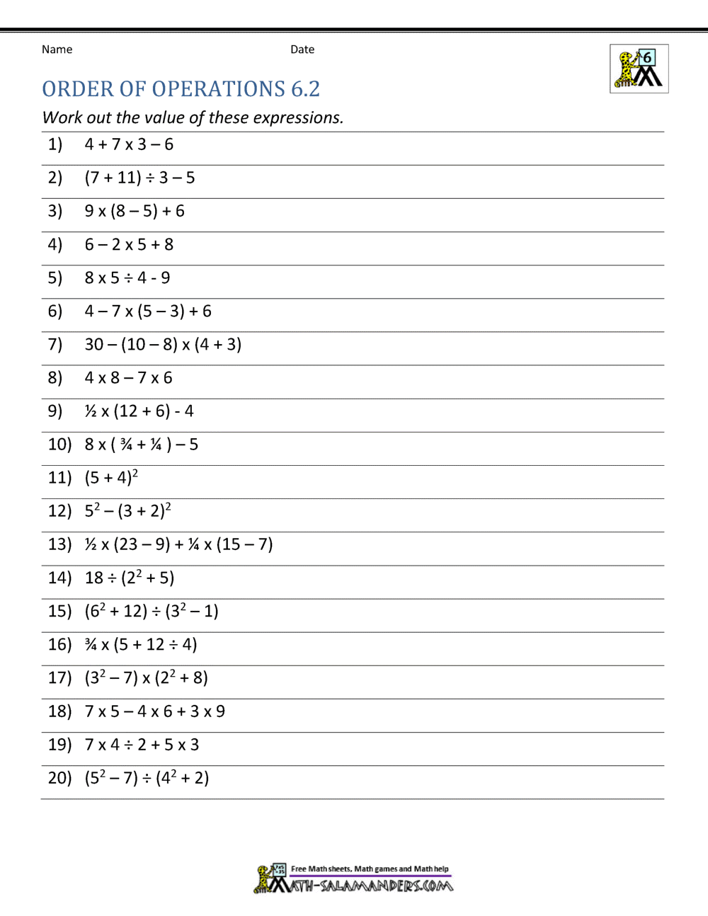 bedmas worksheets grade 6