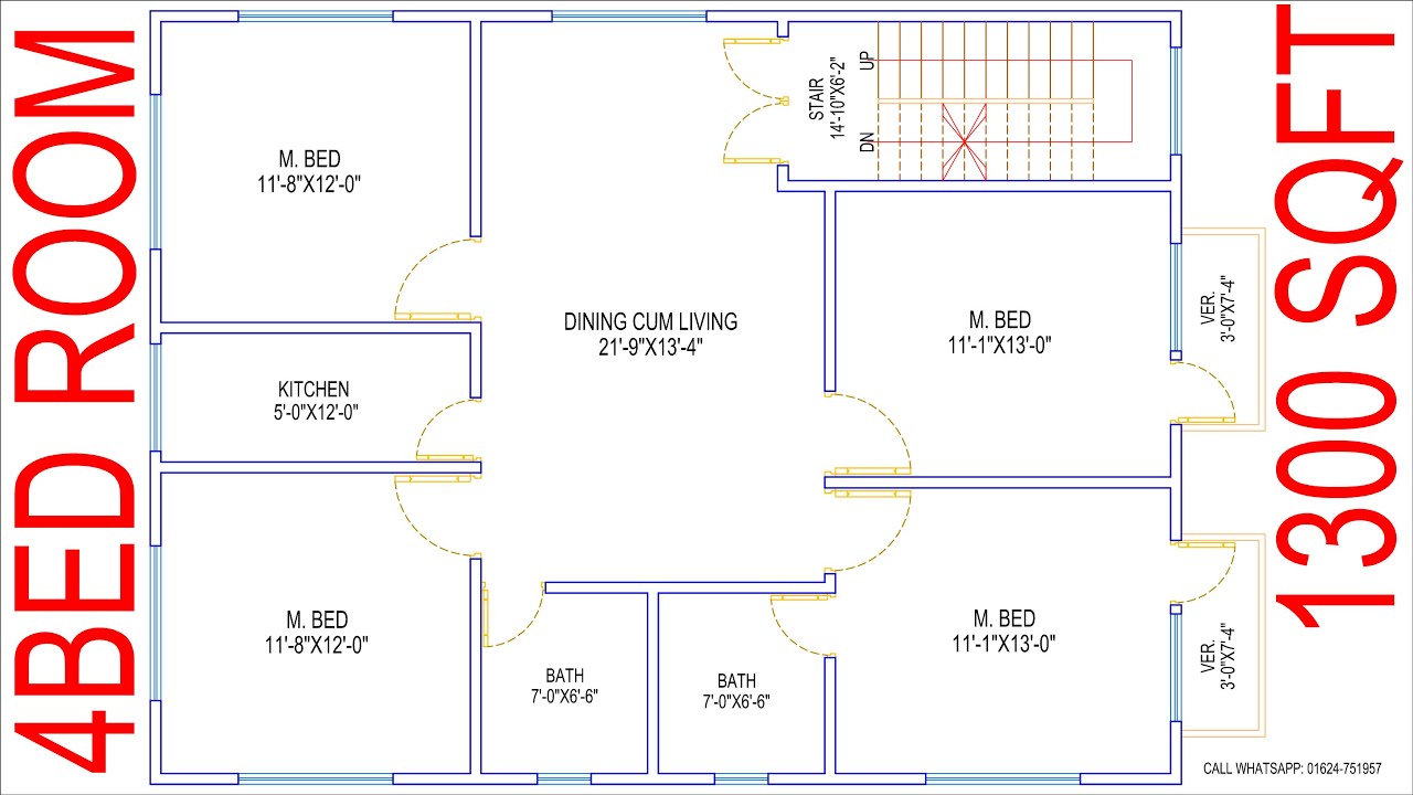 1300 sq ft house plans 3 bedroom indian style