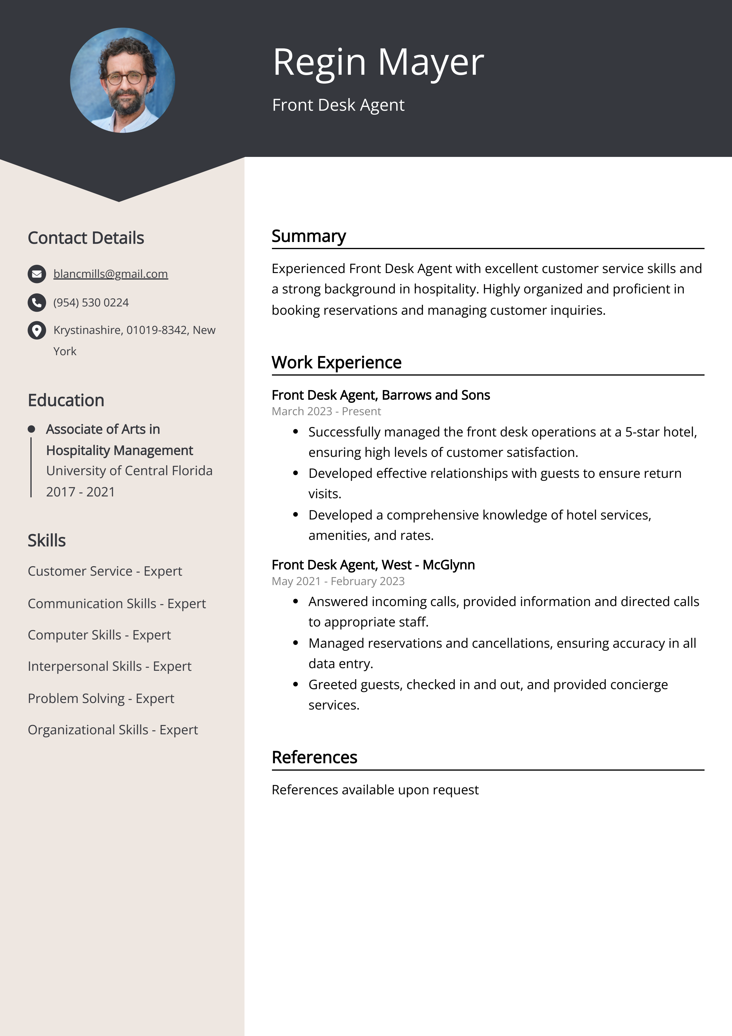 front desk agent resume