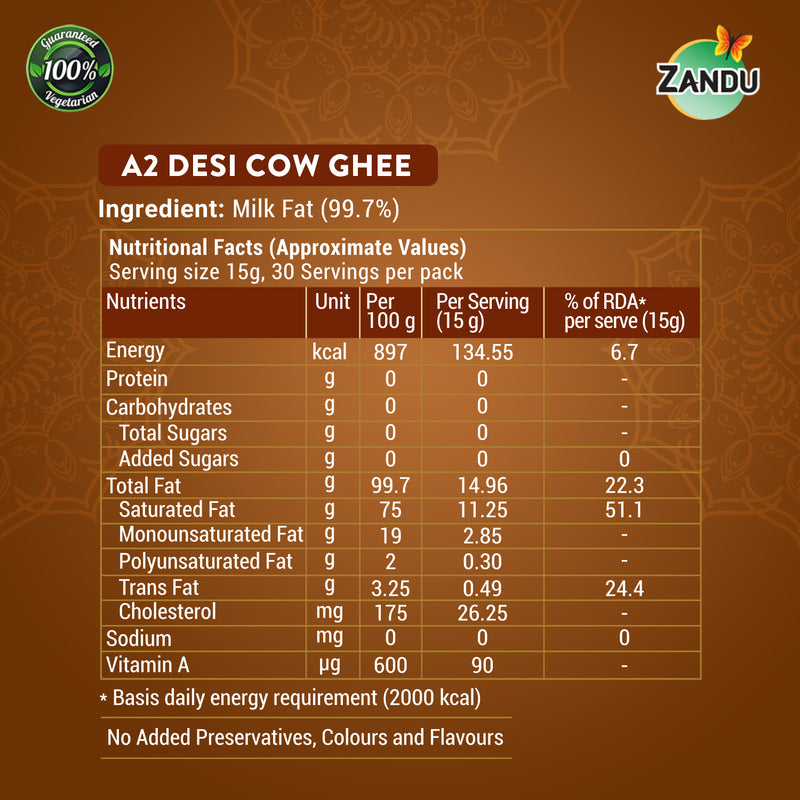 cow ghee nutrition facts per 100g