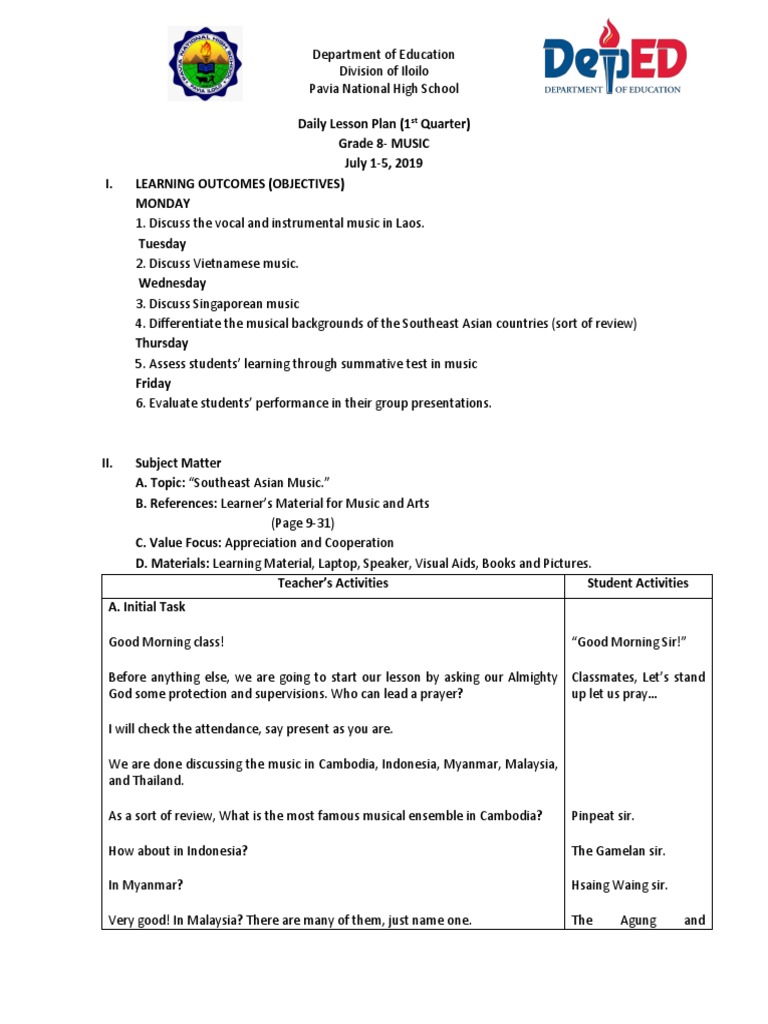 detailed lesson plan in mapeh grade 8 music