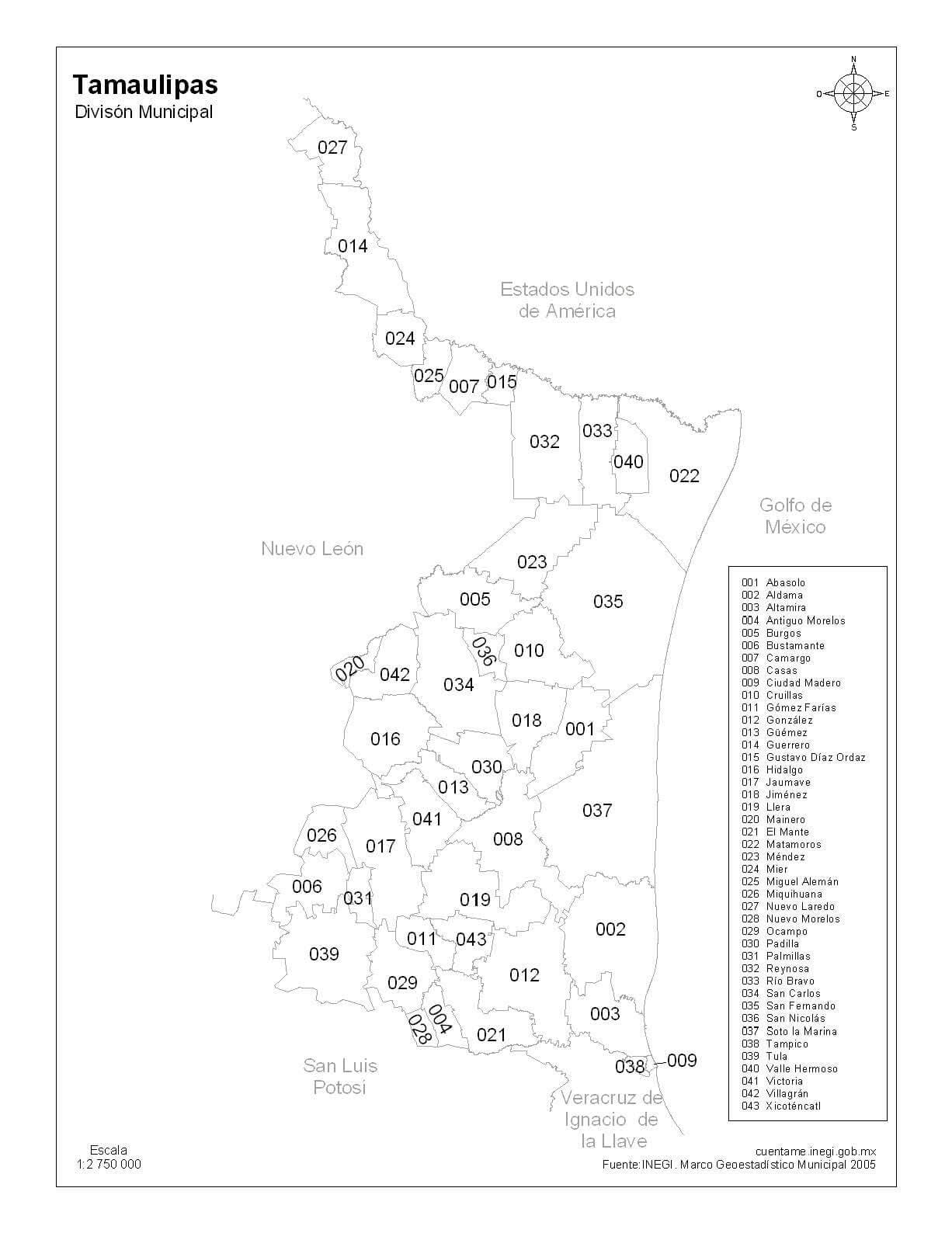 mapa de tamaulipas con nombres para colorear