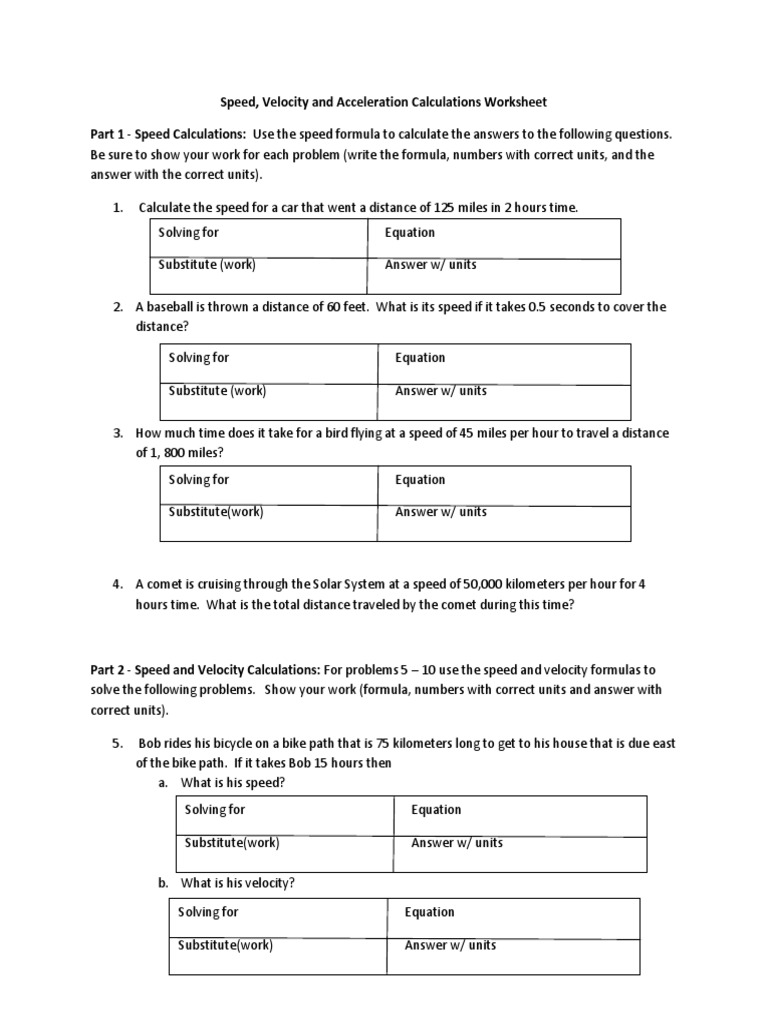 speed velocity and acceleration calculations worksheet