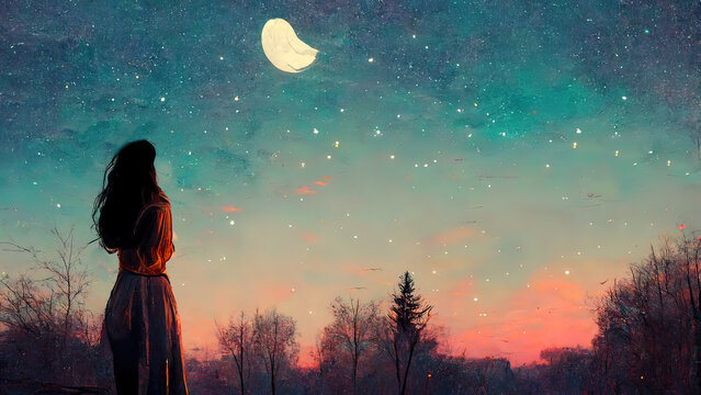 girl looking at moon and stars