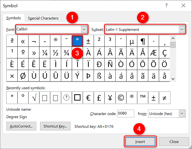 how do you make a degree symbol on word