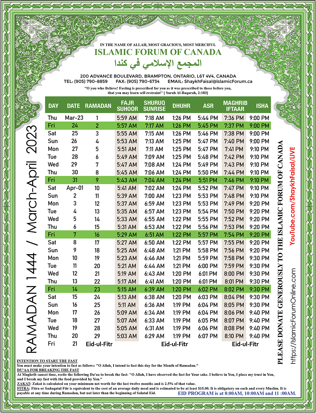 iftar time in canada