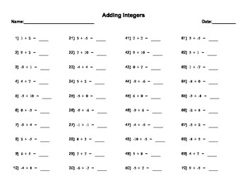 integers practice worksheet