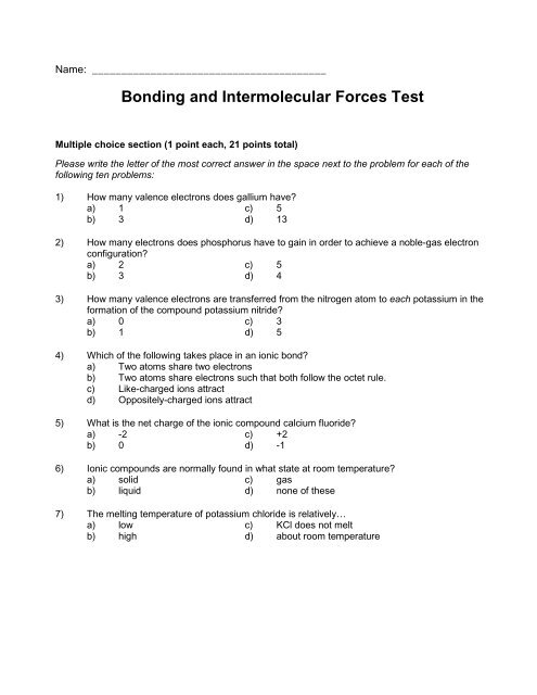 intermolecular forces quiz