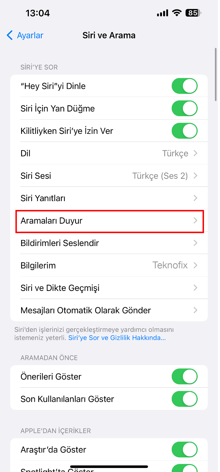 iphone isim söyleme kapatma