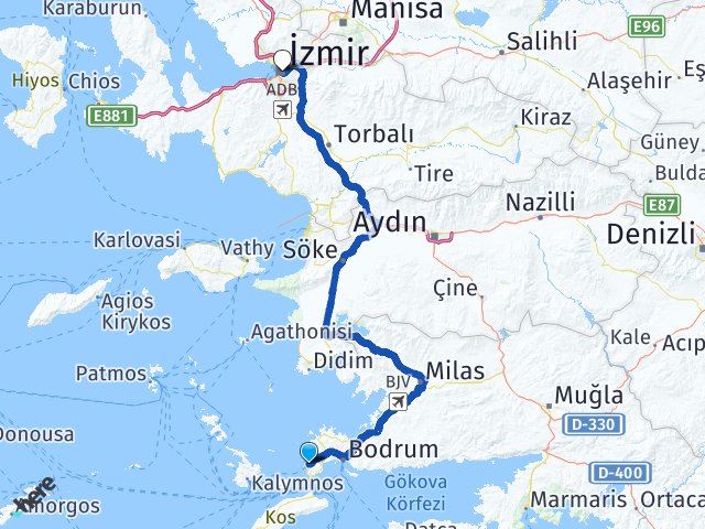 izmir bodrum turgutreis kaç km