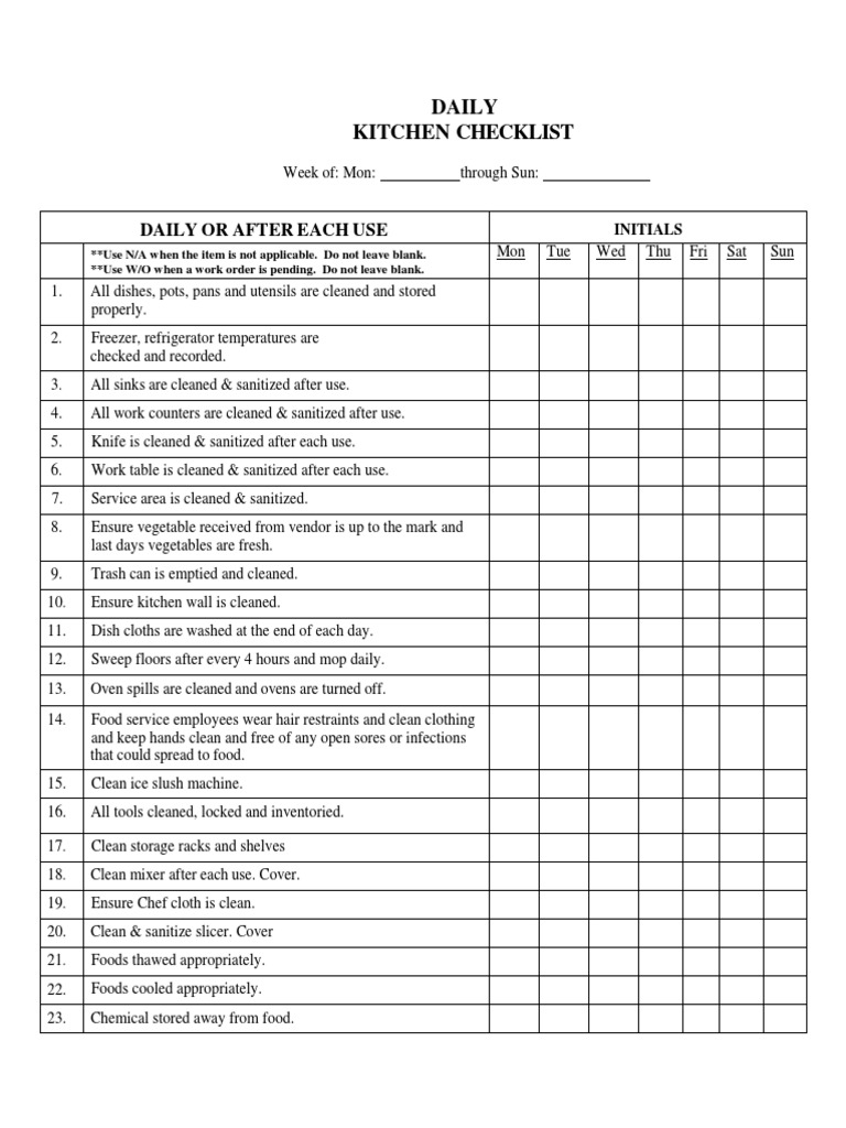 kitchen cleaning checklist excel