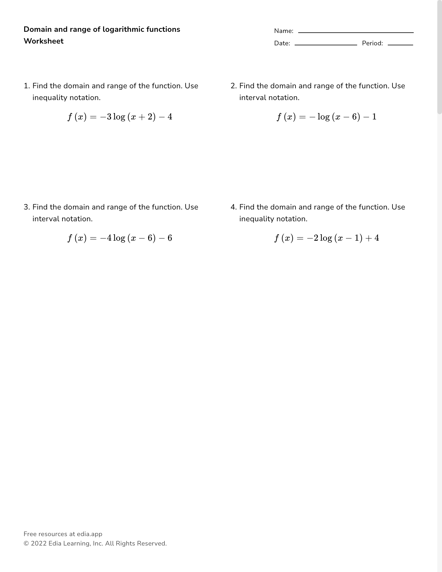 logarithmic functions worksheet