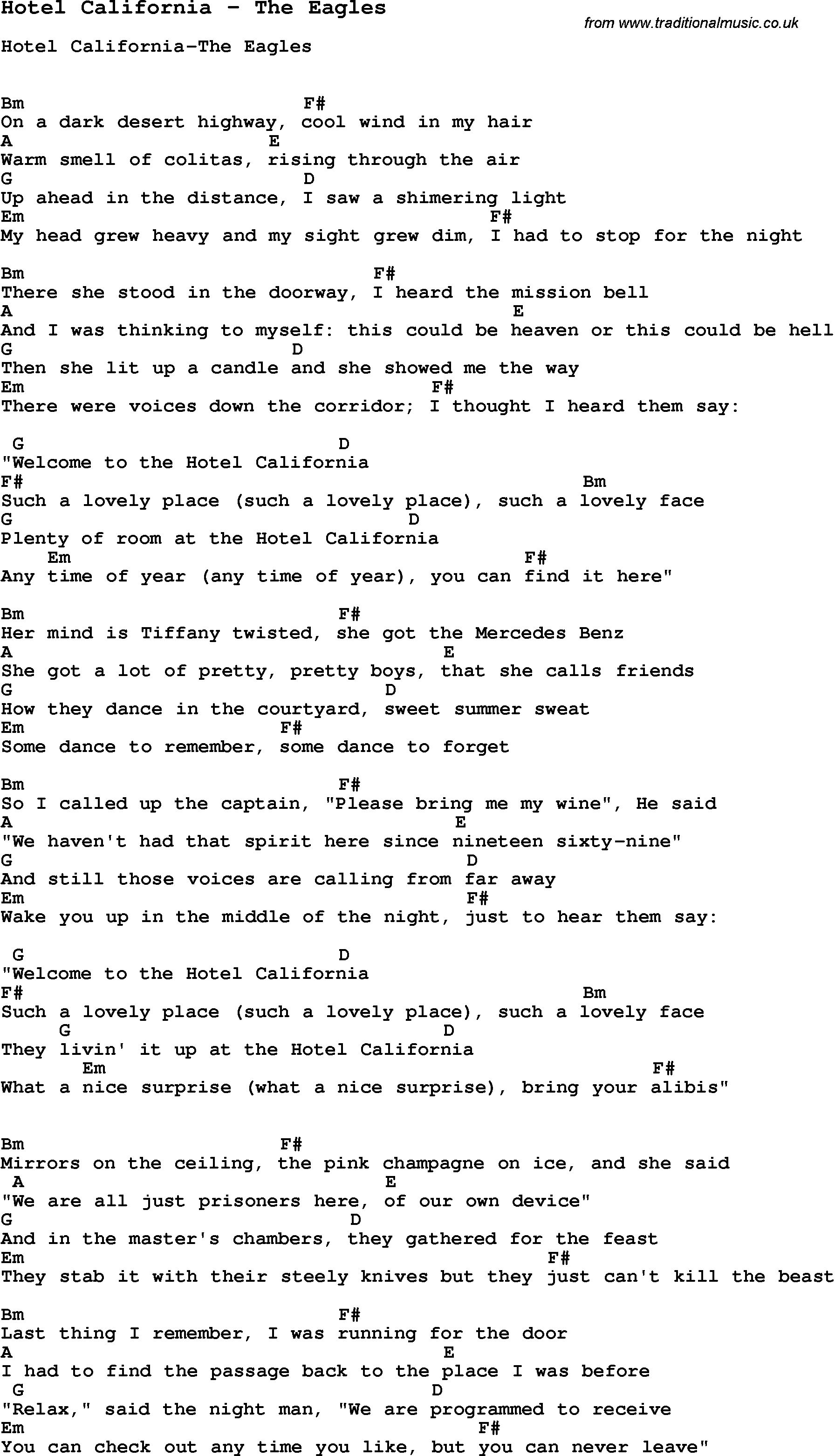 lyrics and chords for hotel california