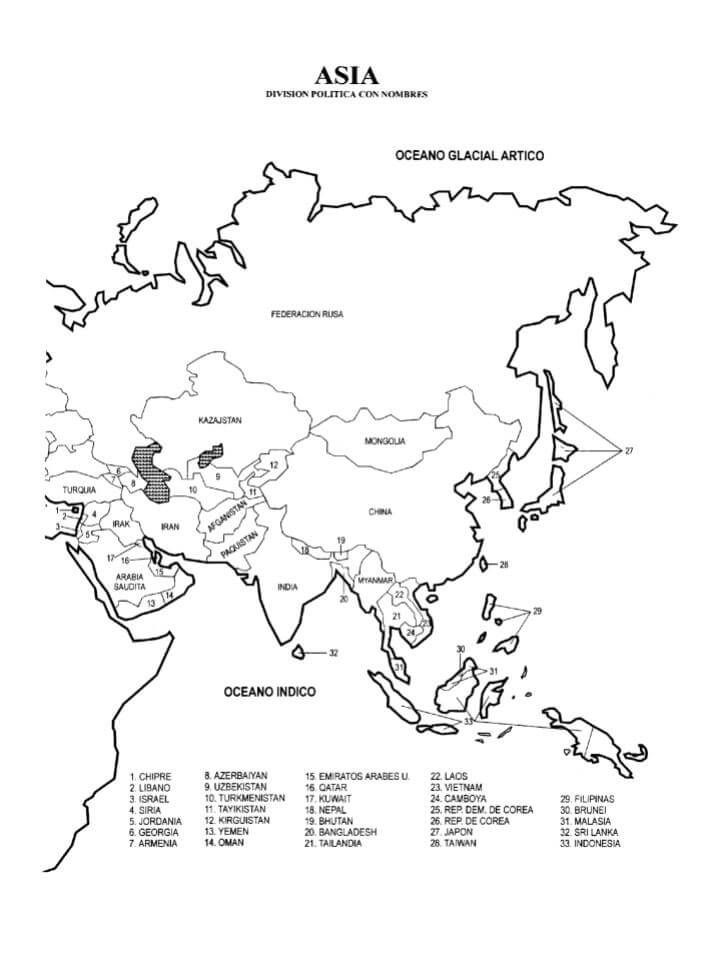 mapa de asia para colorear con nombres