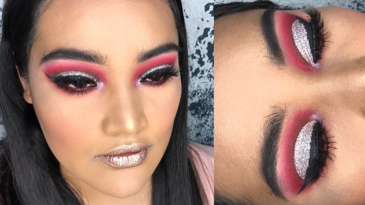 maquillaje rojo y plateado