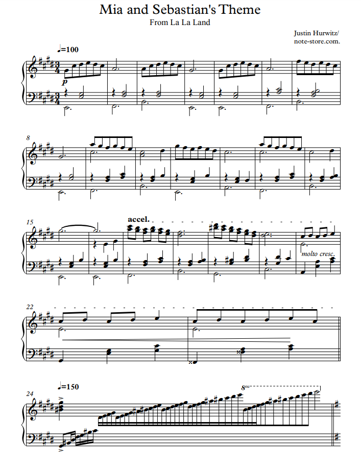 mia & sebastians theme sheet music