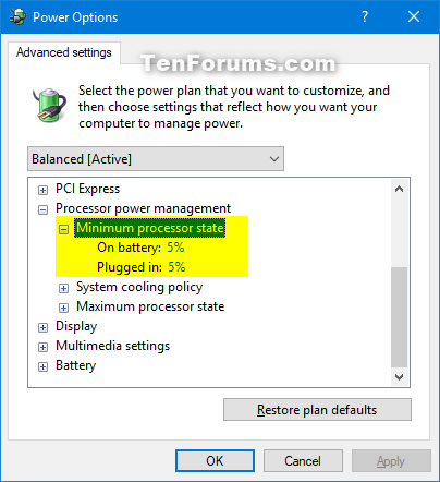 minimum processor state windows 10