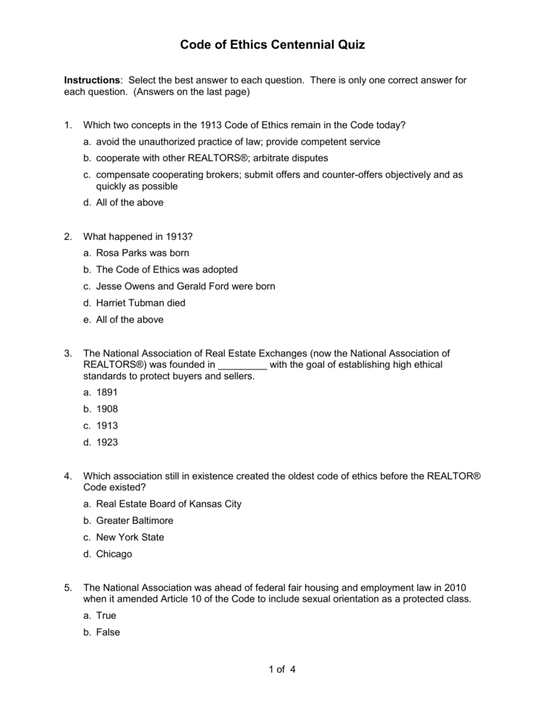 model code of ethics quiz