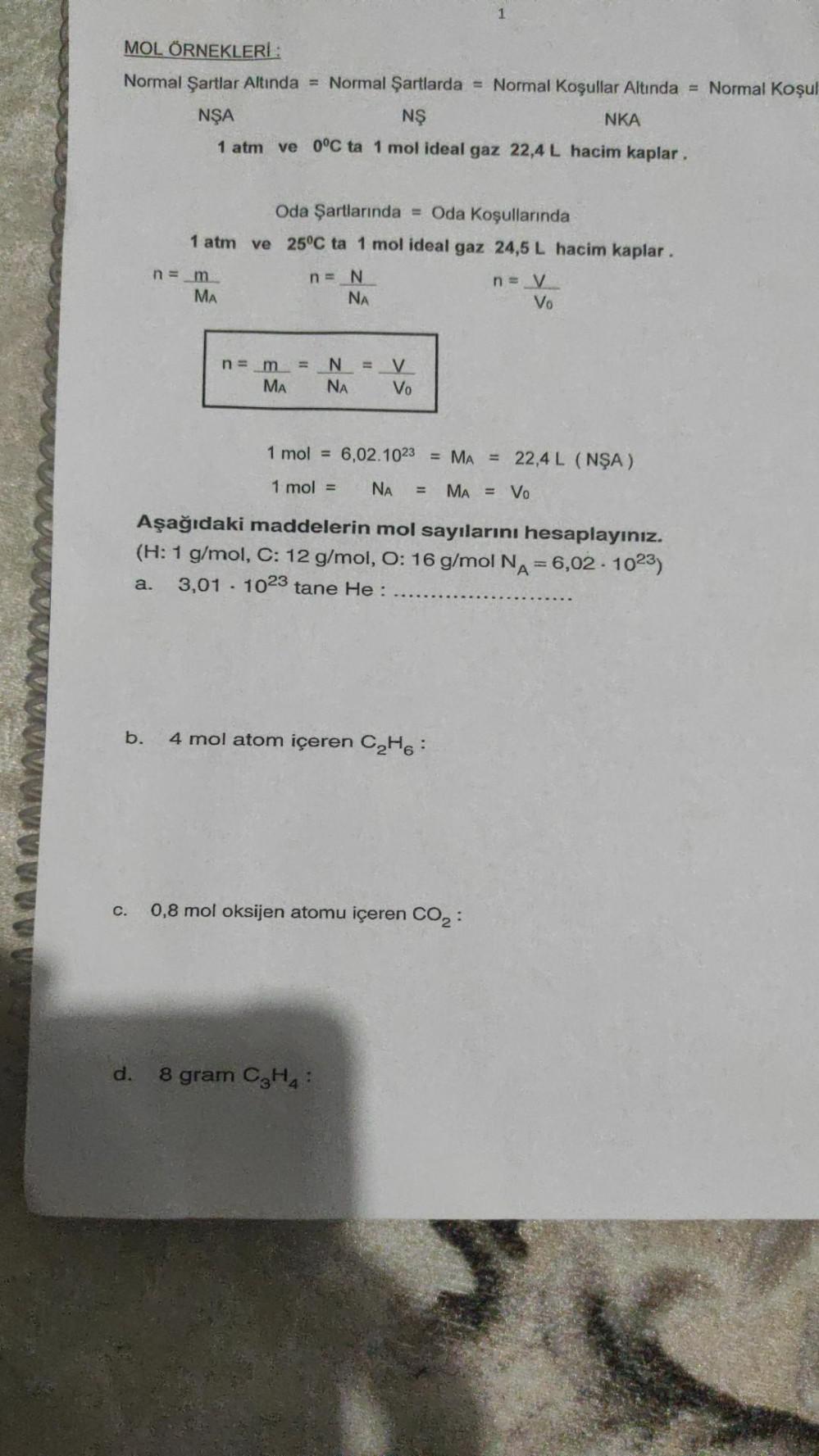 normal koşullar ve oda koşulları