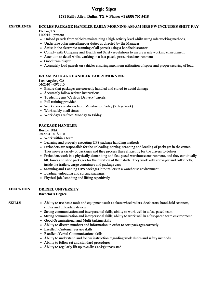 package handler job description for resume