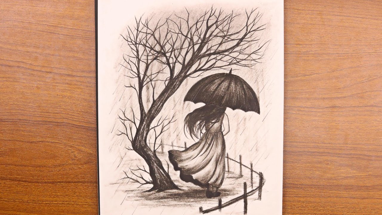 pencil drawing of rainy day