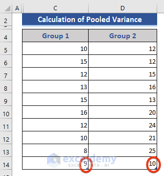 pooled variance in excel