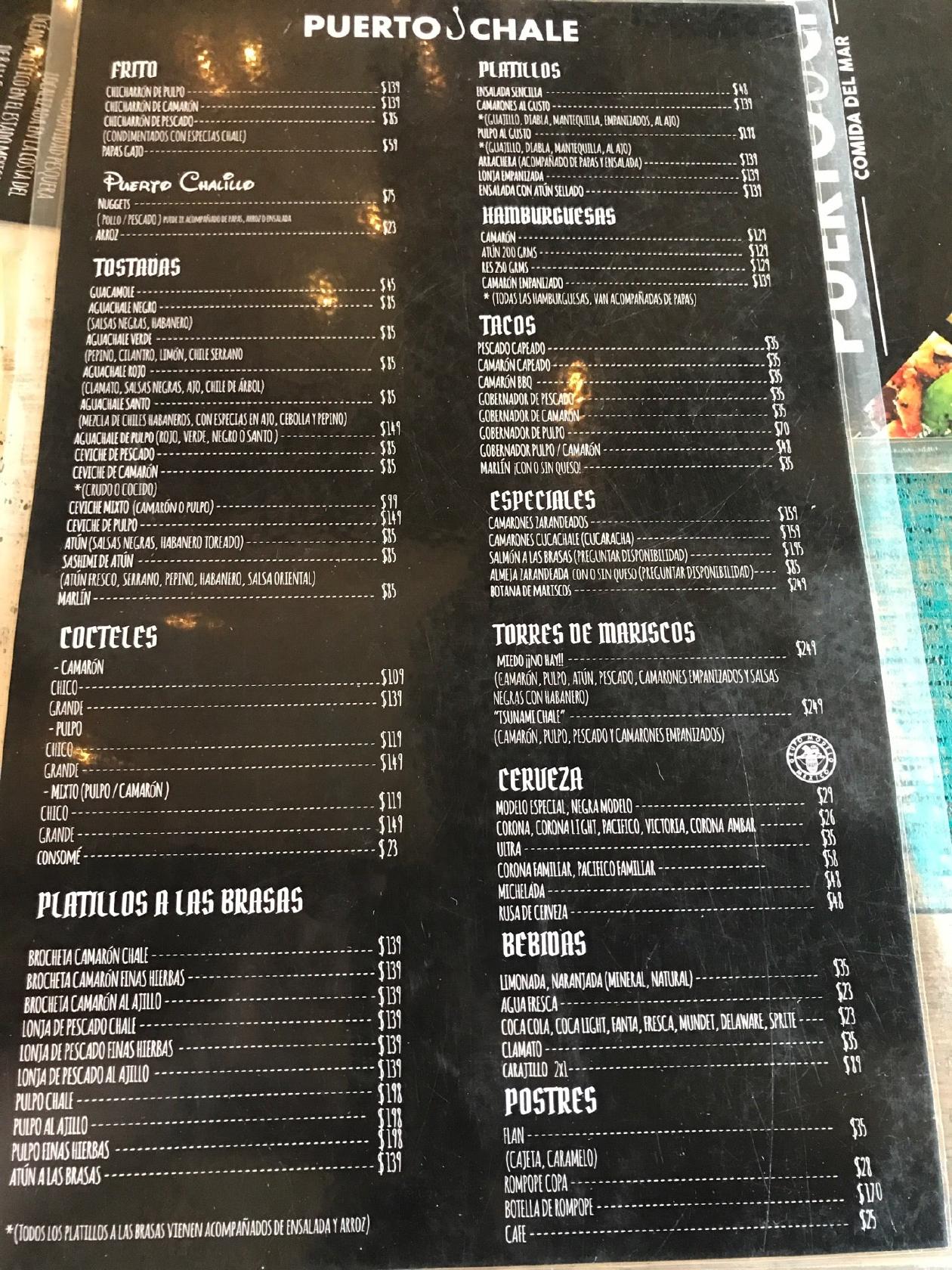 puerto chale menu