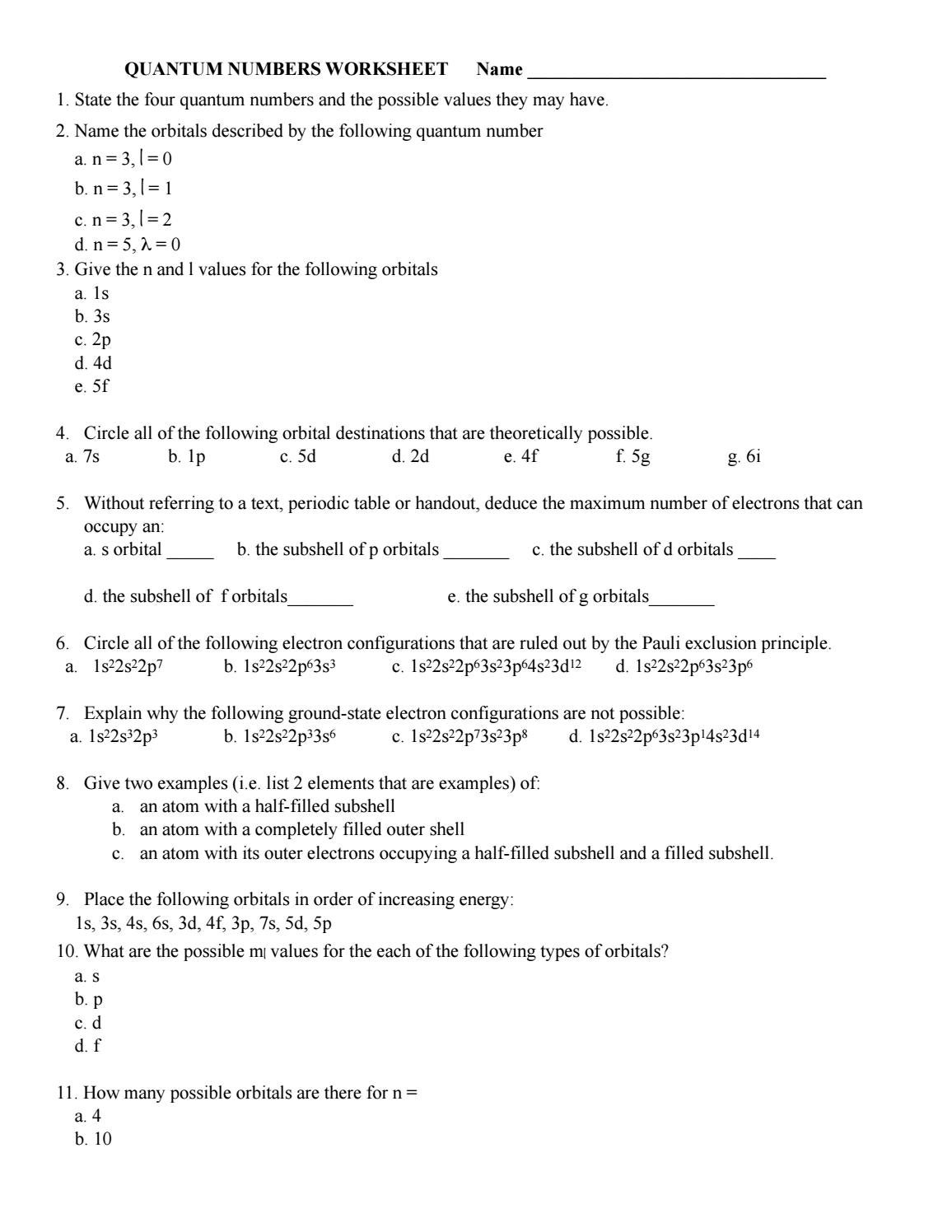 quantum numbers worksheet answers