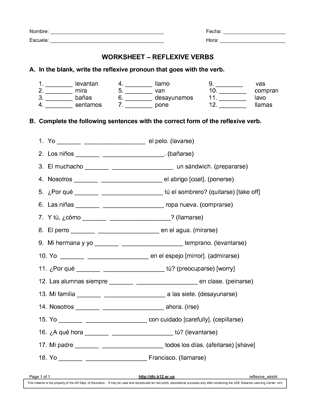 reflexive verbs spanish worksheet