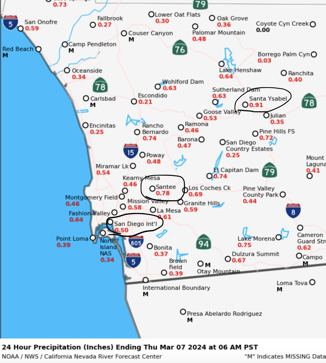 san diego rainfall totals 24 hours