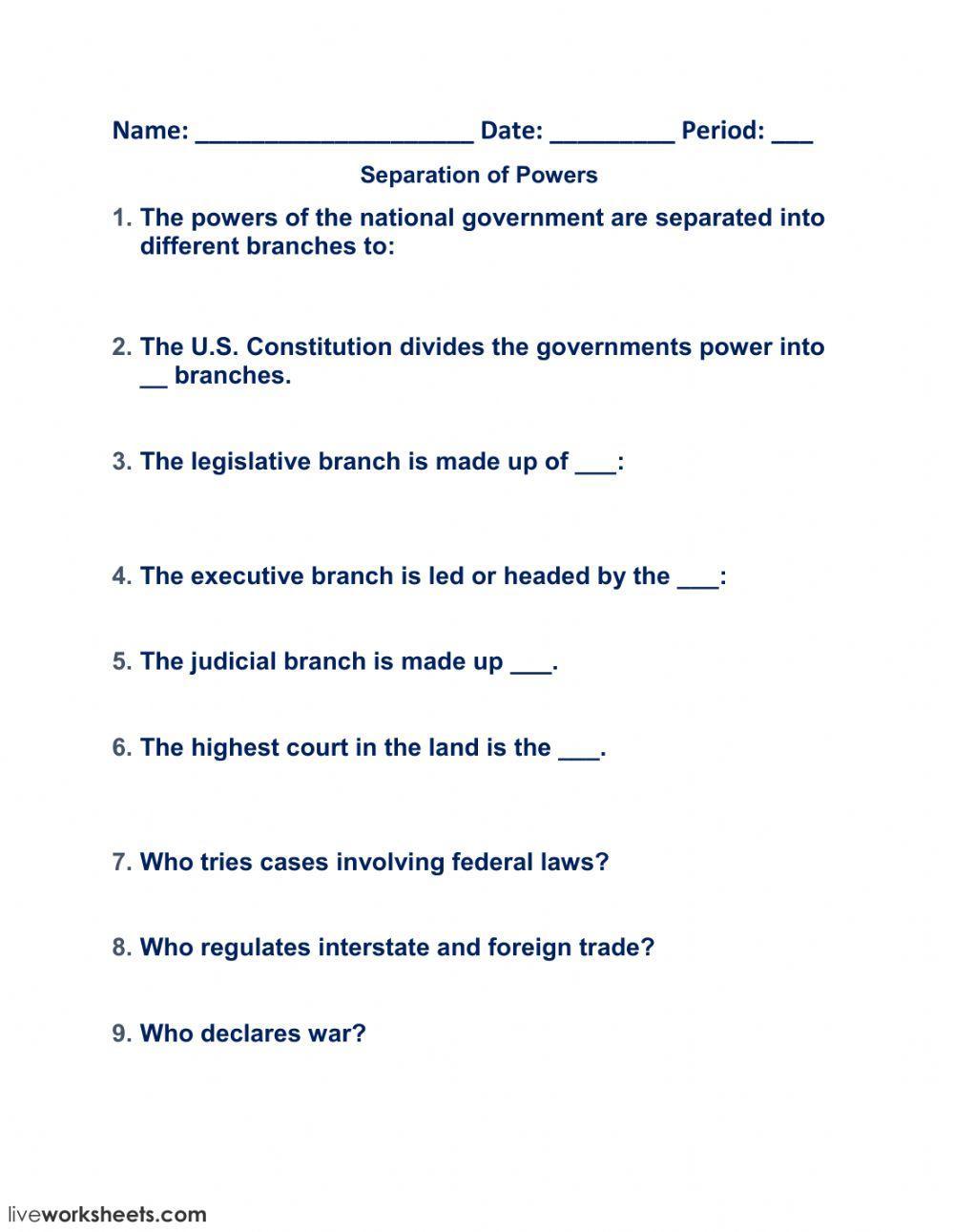 separation of powers worksheet answers