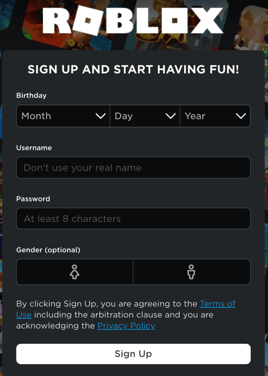 sign up for roblox