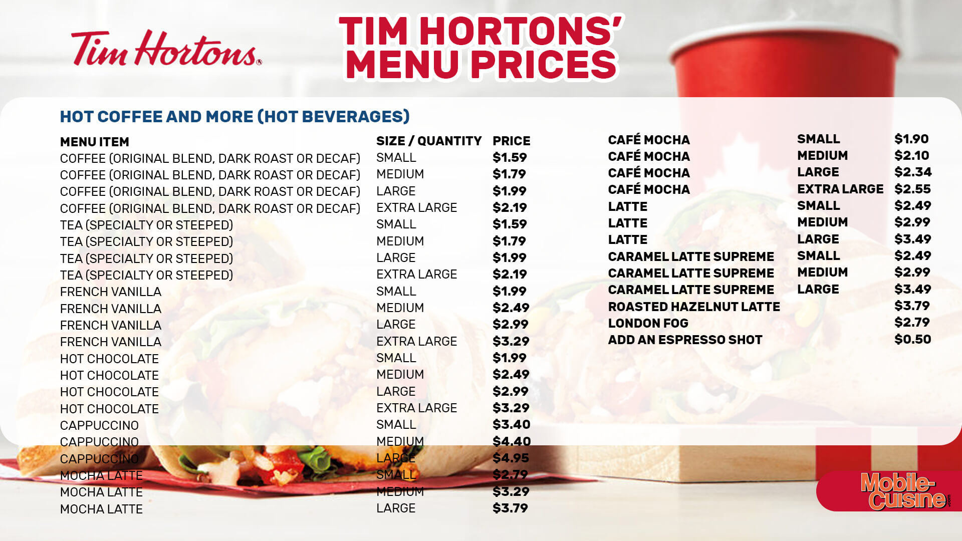 tim horton menu prix