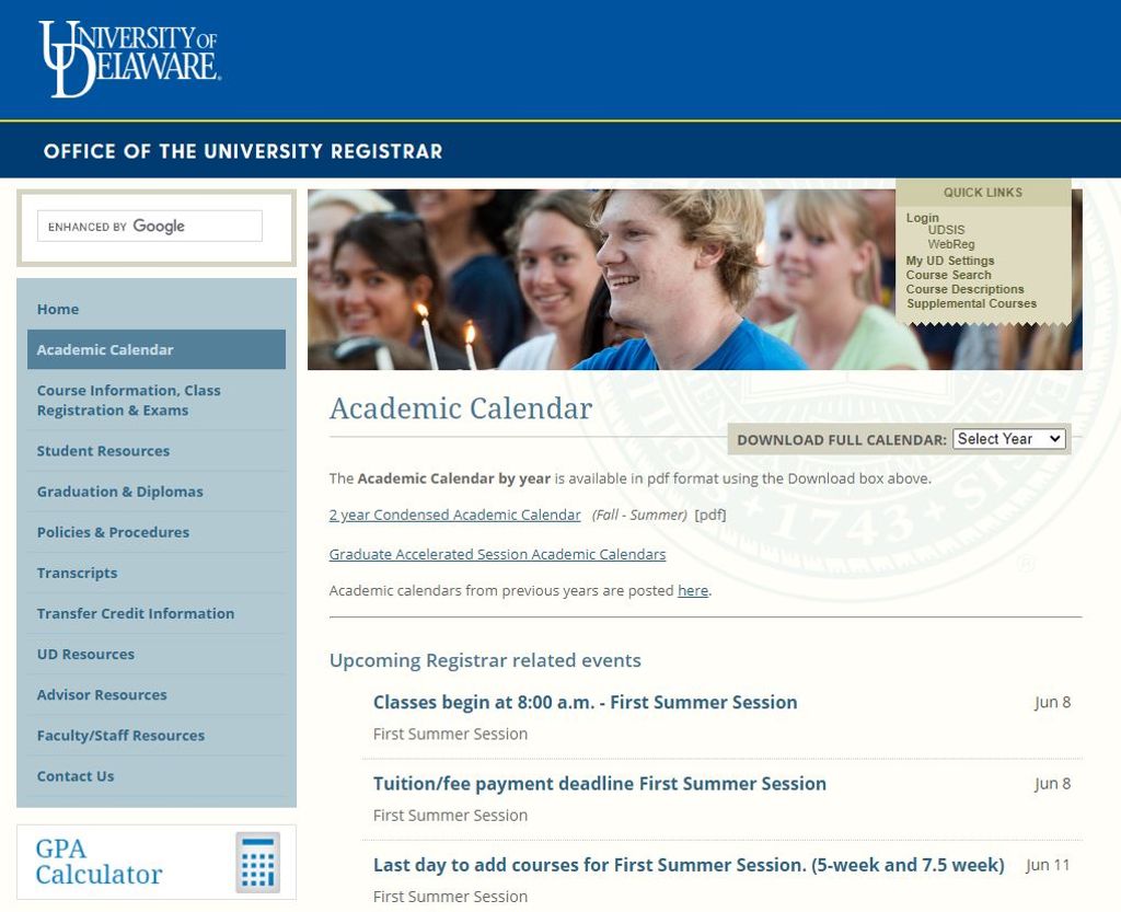 udel calendar