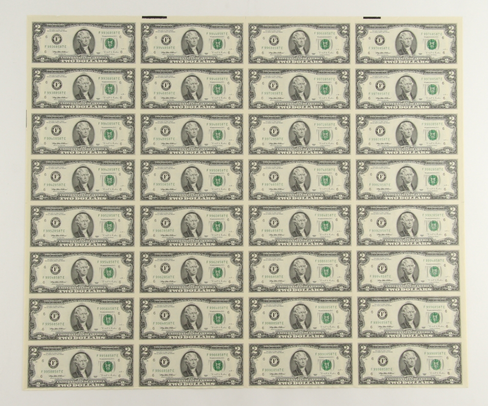 value of uncut 2 dollar bill sheet